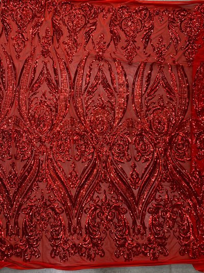 Alaina RED Curlicue Sequins on Mesh Lace Fabric by the Yard - 10018