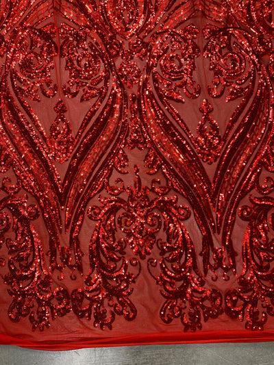 Alaina RED Curlicue Sequins on Mesh Lace Fabric by the Yard - 10018