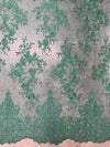 Teagan HUNTER GREEN Damask Design Embroidered on Mesh Lace Fabric by the Yard - 10027