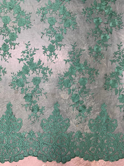 Teagan HUNTER GREEN Damask Design Embroidered on Mesh Lace Fabric by the Yard - 10027