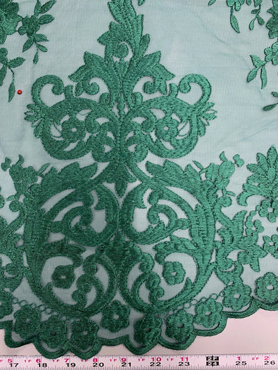 Teagan HUNTER GREEN Damask Design Embroidered on Mesh Lace Fabric by the Yard - 10027