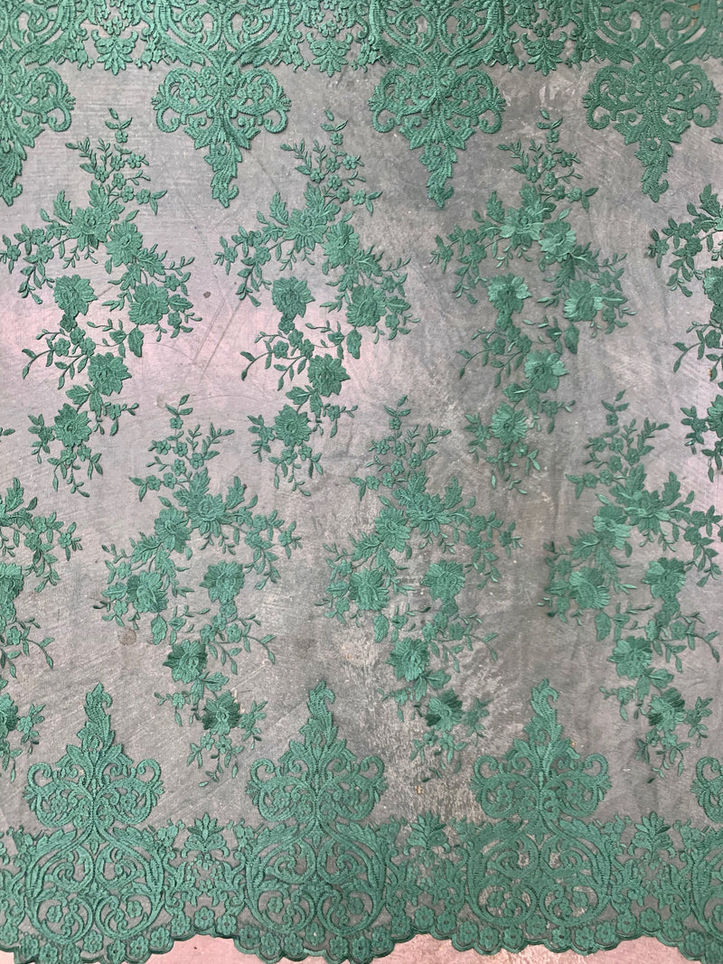 Teagan HUNTER GREEN Damask Design Embroidered on Mesh Lace Fabric by the Yard - 10027