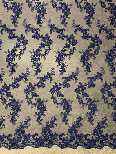 Cristina NAVY BLUE Polyester Floral Embroidery with Sequins on Mesh Lace Fabric by the Yard for Gown, Wedding, Bridesmaid, Prom - 10076
