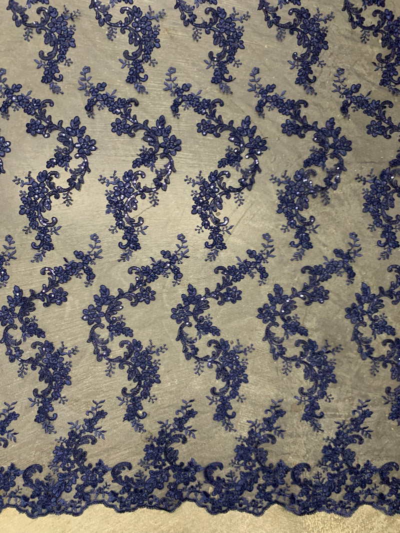 Cristina NAVY BLUE Polyester Floral Embroidery with Sequins on Mesh Lace Fabric by the Yard for Gown, Wedding, Bridesmaid, Prom - 10076