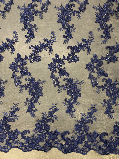 Cristina NAVY BLUE Polyester Floral Embroidery with Sequins on Mesh Lace Fabric by the Yard for Gown, Wedding, Bridesmaid, Prom - 10076