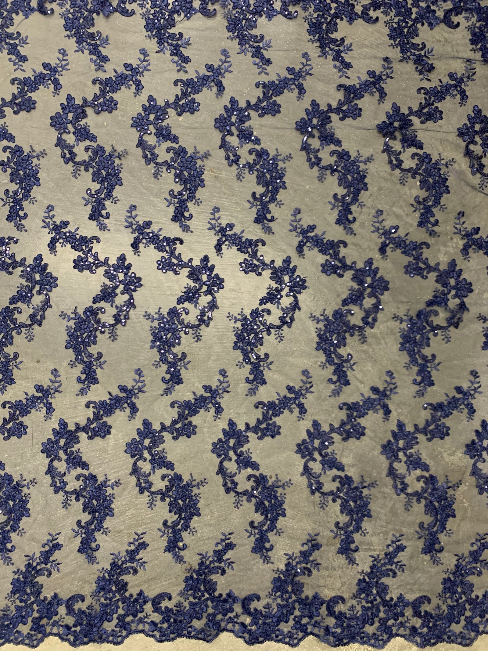 Cristina NAVY BLUE Polyester Floral Embroidery with Sequins on Mesh Lace Fabric by the Yard for Gown, Wedding, Bridesmaid, Prom - 10076