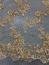 Cristina GOLD Polyester Floral Embroidery with Sequins on Mesh Lace Fabric by the Yard for Gown, Wedding, Bridesmaid, Prom - 10076