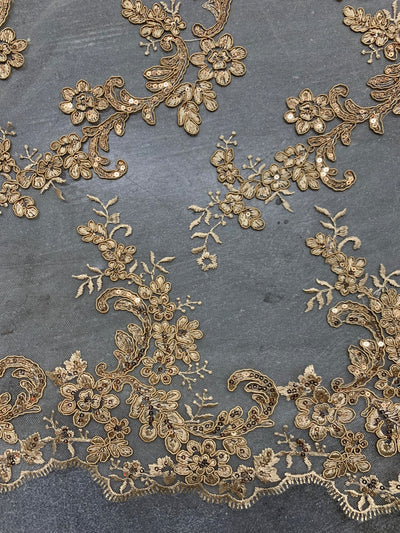 Cristina GOLD Polyester Floral Embroidery with Sequins on Mesh Lace Fabric by the Yard for Gown, Wedding, Bridesmaid, Prom - 10076