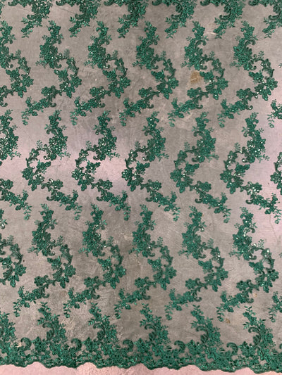 Cristina HUNTER GREEN Polyester Floral Embroidery with Sequins on Mesh Lace Fabric by the Yard for Gown, Wedding, Bridesmaid, Prom - 10076