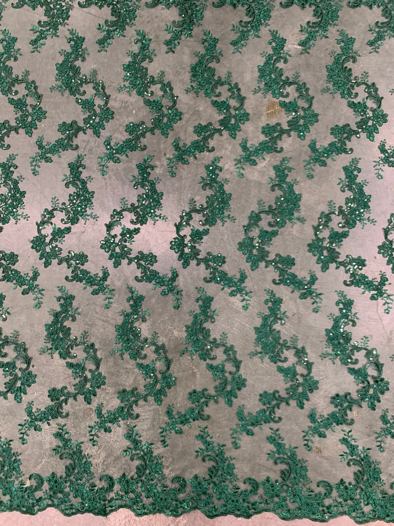 Cristina HUNTER GREEN Polyester Floral Embroidery with Sequins on Mesh Lace Fabric by the Yard for Gown, Wedding, Bridesmaid, Prom - 10076