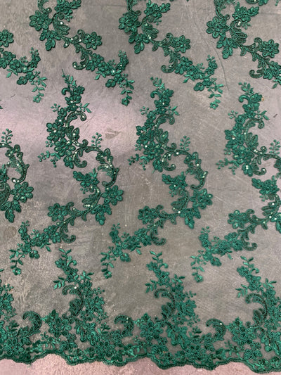 Cristina HUNTER GREEN Polyester Floral Embroidery with Sequins on Mesh Lace Fabric by the Yard for Gown, Wedding, Bridesmaid, Prom - 10076