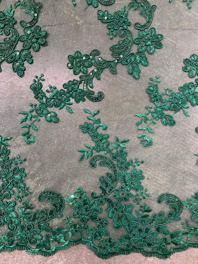 Cristina HUNTER GREEN Polyester Floral Embroidery with Sequins on Mesh Lace Fabric by the Yard for Gown, Wedding, Bridesmaid, Prom - 10076