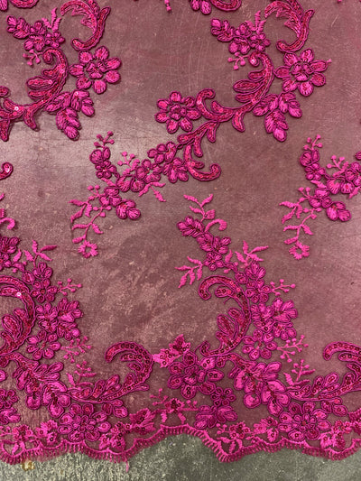 Cristina HOT PINK Polyester Floral Embroidery with Sequins on Mesh Lace Fabric by the Yard for Gown, Wedding, Bridesmaid, Prom - 10076