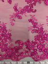 Cristina HOT PINK Polyester Floral Embroidery with Sequins on Mesh Lace Fabric by the Yard for Gown, Wedding, Bridesmaid, Prom - 10076