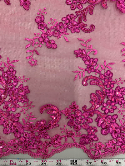 Cristina HOT PINK Polyester Floral Embroidery with Sequins on Mesh Lace Fabric by the Yard for Gown, Wedding, Bridesmaid, Prom - 10076
