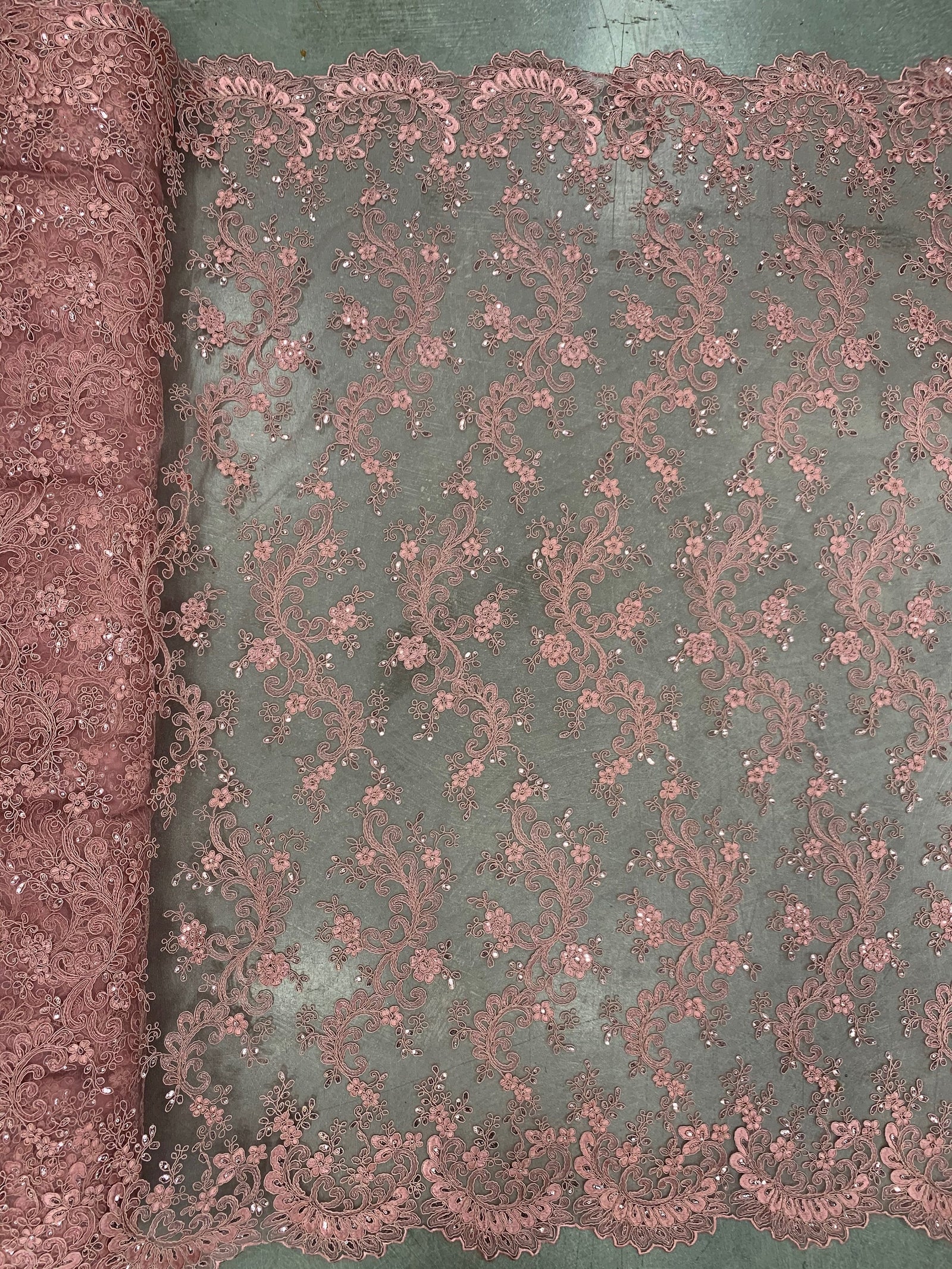 Melody DUSTY PINK Polyester Floral Embroidery with Sequins on Mesh Lace Fabric by the Yard for Gown, Wedding, Bridesmaid, Prom - 10002