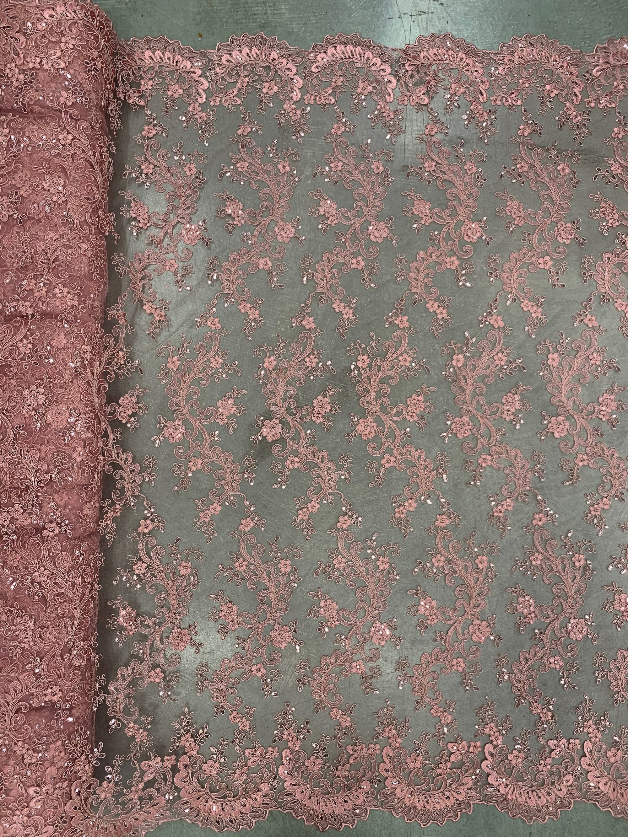 Melody DUSTY PINK Polyester Floral Embroidery with Sequins on Mesh Lace Fabric by the Yard for Gown, Wedding, Bridesmaid, Prom - 10002