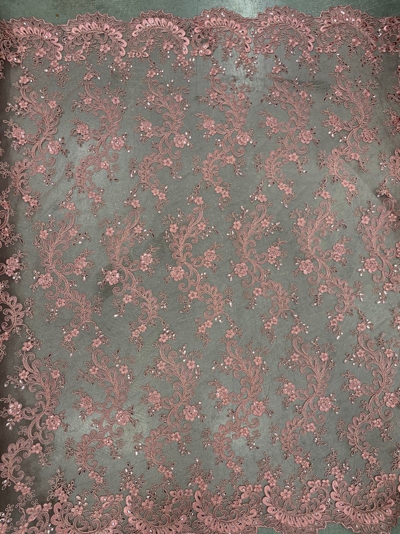 Melody DUSTY PINK Polyester Floral Embroidery with Sequins on Mesh Lace Fabric by the Yard for Gown, Wedding, Bridesmaid, Prom - 10002