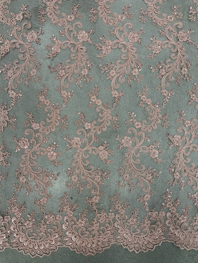 Melody OLD ROSE Polyester Floral Embroidery with Sequins on Mesh Lace Fabric by the Yard for Gown, Wedding, Bridesmaid, Prom - 10002