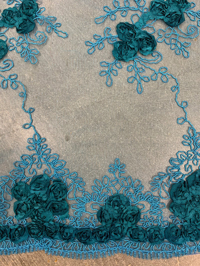 Andrea DARK TEAL 3-D Floral Matte Corded Embroidery on Mesh Lace Fabric by the Yard - 10016