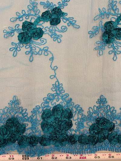 Andrea DARK TEAL 3-D Floral Matte Corded Embroidery on Mesh Lace Fabric by the Yard - 10016