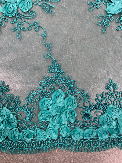 Andrea TEAL 3-D Floral Matte Corded Embroidery on Mesh Lace Fabric by the Yard - 10016