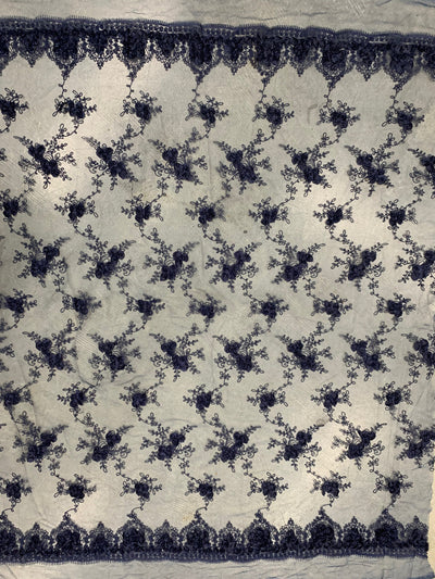 Andrea NAVY BLUE 3-D Floral Matte Corded Embroidery on Mesh Lace Fabric by the Yard - 10016
