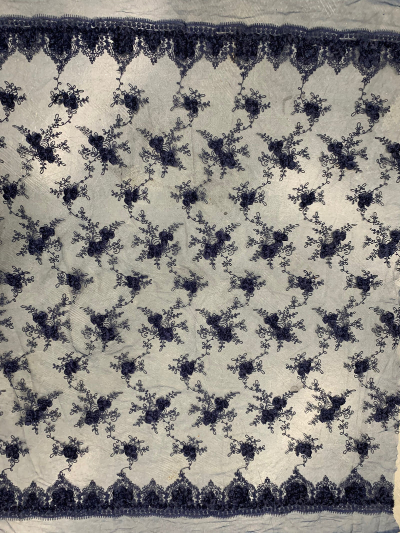 Andrea NAVY BLUE 3-D Floral Matte Corded Embroidery on Mesh Lace Fabric by the Yard - 10016