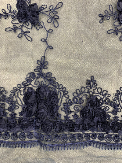 Andrea NAVY BLUE 3-D Floral Matte Corded Embroidery on Mesh Lace Fabric by the Yard - 10016