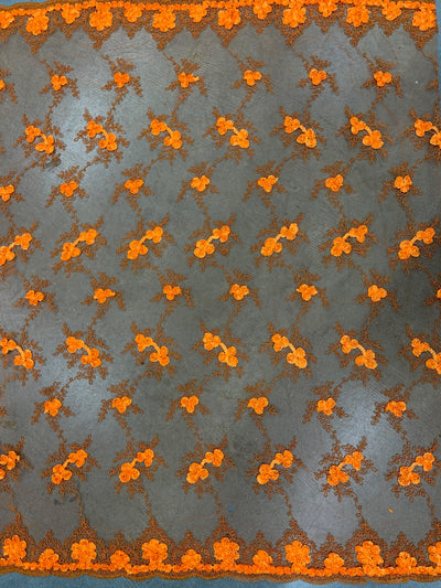 Andrea BRIGHT ORANGE 3-D Floral Matte Corded Embroidery on Mesh Lace Fabric by the Yard - 10016
