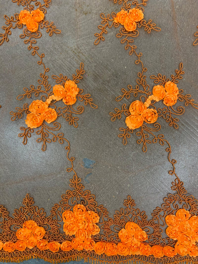 Andrea BRIGHT ORANGE 3-D Floral Matte Corded Embroidery on Mesh Lace Fabric by the Yard - 10016