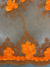 Andrea BRIGHT ORANGE 3-D Floral Matte Corded Embroidery on Mesh Lace Fabric by the Yard - 10016