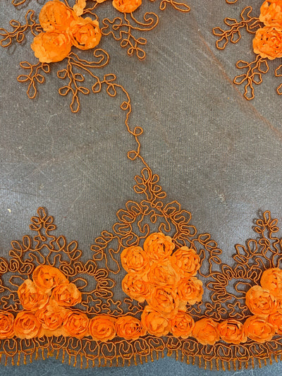 Andrea BRIGHT ORANGE 3-D Floral Matte Corded Embroidery on Mesh Lace Fabric by the Yard - 10016