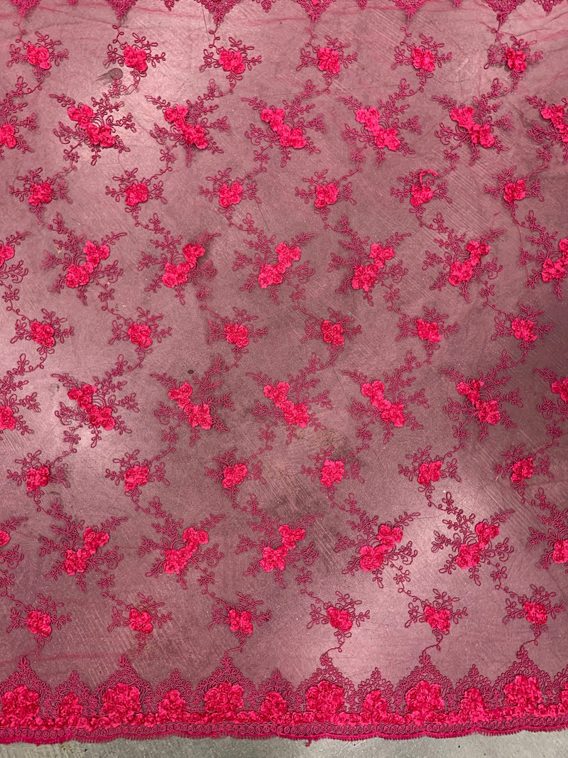 Andrea HOT PINK 3-D Floral Matte Corded Embroidery on Mesh Lace Fabric by the Yard - 10016