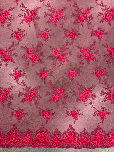 Andrea HOT PINK 3-D Floral Matte Corded Embroidery on Mesh Lace Fabric by the Yard - 10016