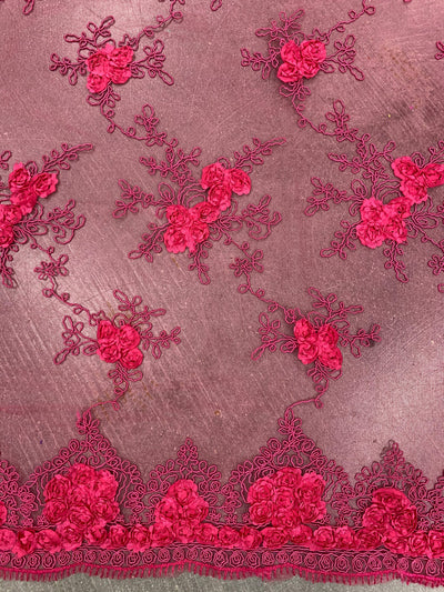 Andrea HOT PINK 3-D Floral Matte Corded Embroidery on Mesh Lace Fabric by the Yard - 10016