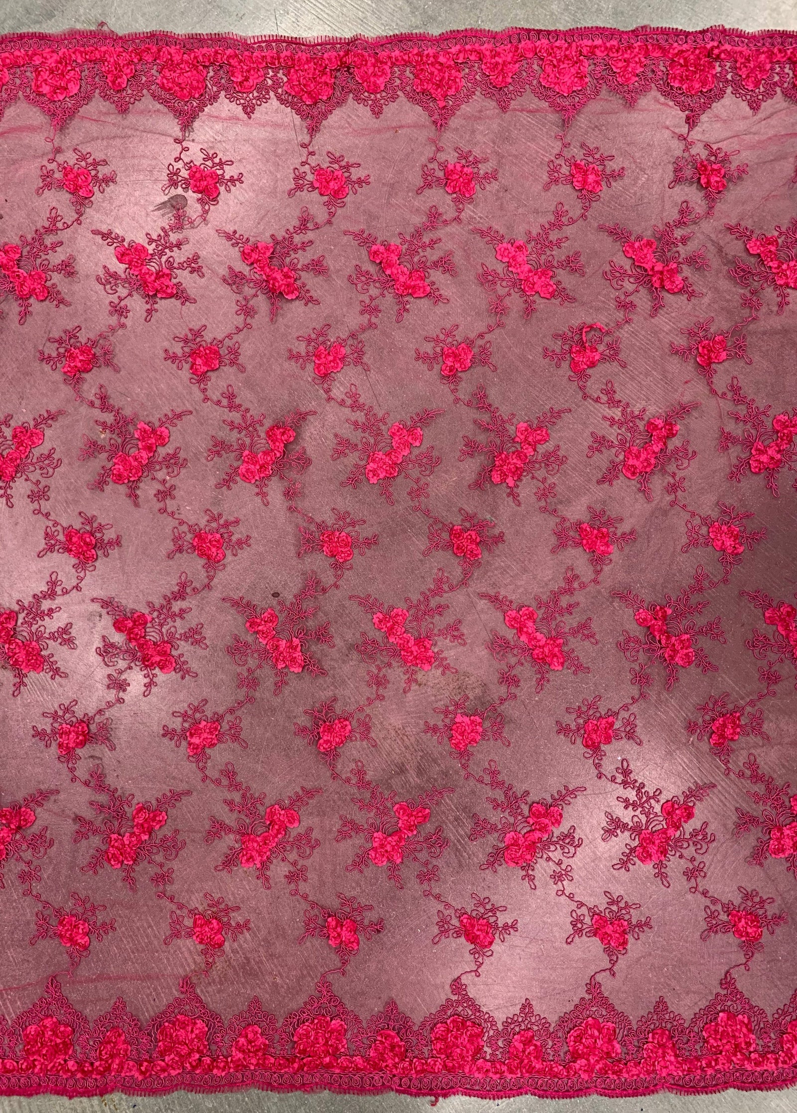 Andrea HOT PINK 3-D Floral Matte Corded Embroidery on Mesh Lace Fabric by the Yard - 10016
