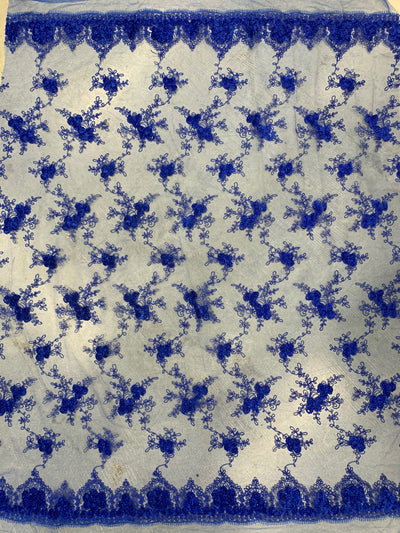 Andrea ROYAL BLUE 3-D Floral Matte Corded Embroidery on Mesh Lace Fabric by the Yard - 10016