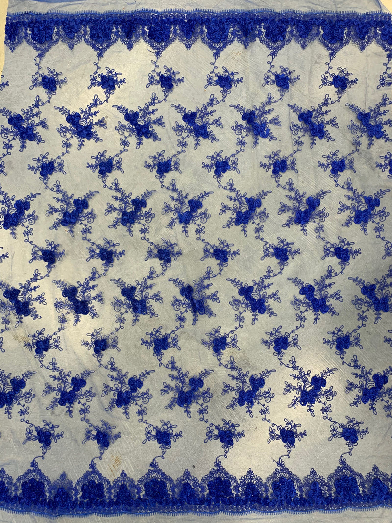 Andrea ROYAL BLUE 3-D Floral Matte Corded Embroidery on Mesh Lace Fabric by the Yard - 10016