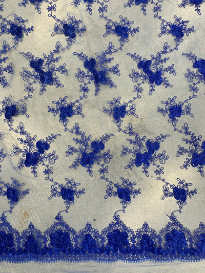 Andrea ROYAL BLUE 3-D Floral Matte Corded Embroidery on Mesh Lace Fabric by the Yard - 10016