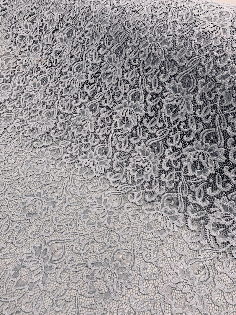 Elaine SILVER GREY Floral Scalloped Nylon Spandex Stretch Lace Light Weight Fabric for Clothes, Lingerie, Costumes, Decorations, Crafts