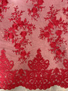 Teagan BURGUNDY Damask Design Embroidered on Mesh Lace Fabric by the Yard - 10027