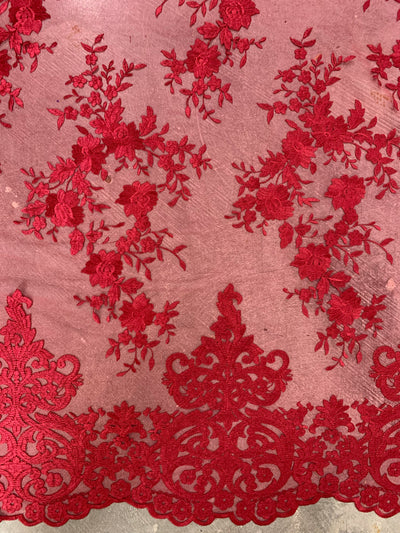 Teagan BURGUNDY Damask Design Embroidered on Mesh Lace Fabric by the Yard - 10027