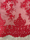 Teagan BURGUNDY Damask Design Embroidered on Mesh Lace Fabric by the Yard - 10027