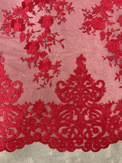 Teagan BURGUNDY Damask Design Embroidered on Mesh Lace Fabric by the Yard - 10027