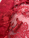 Teagan BURGUNDY Damask Design Embroidered on Mesh Lace Fabric by the Yard - 10027