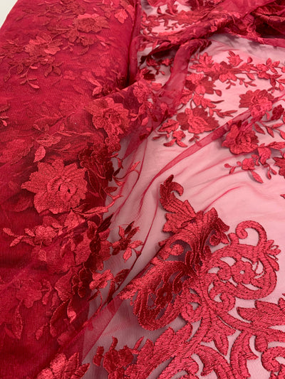 Teagan BURGUNDY Damask Design Embroidered on Mesh Lace Fabric by the Yard - 10027
