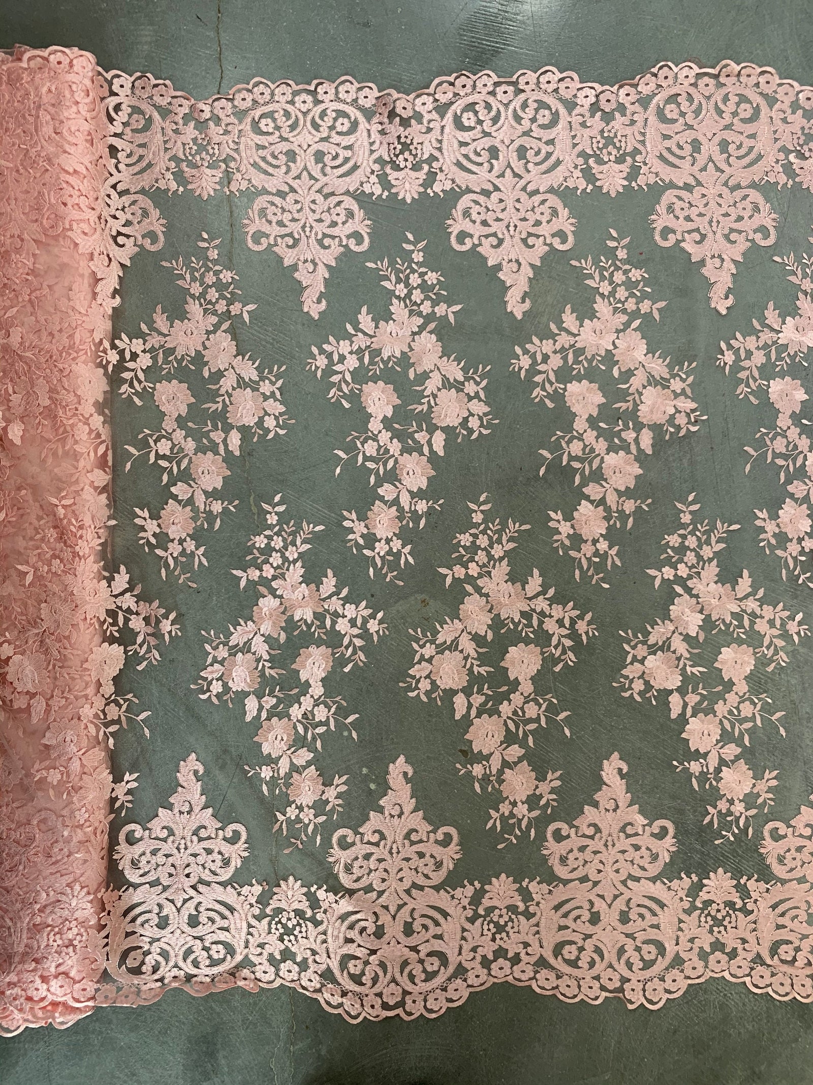 Teagan BLUSH PINK Damask Design Embroidered on Mesh Lace Fabric by the Yard - 10027