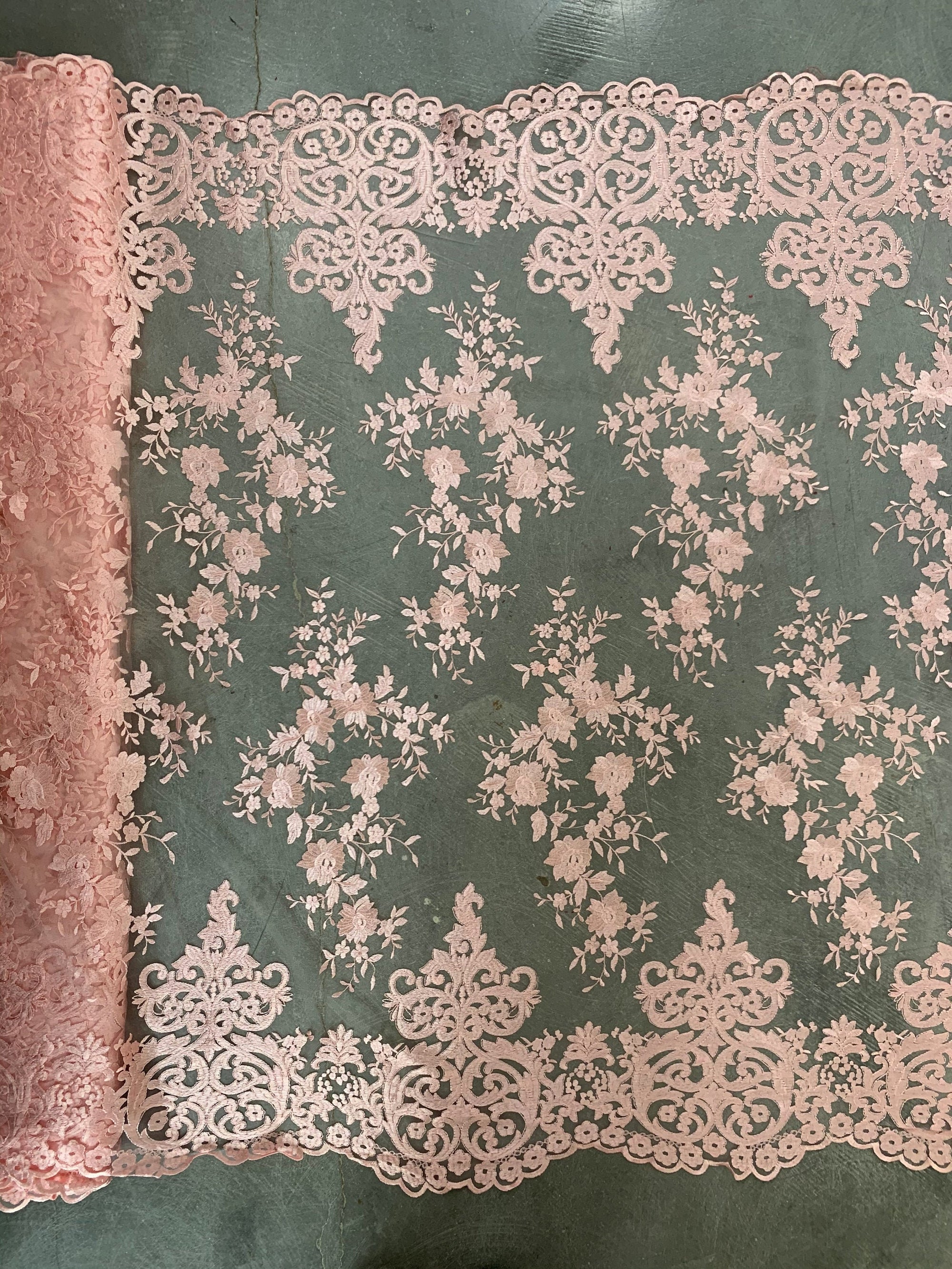 Teagan BLUSH PINK Damask Design Embroidered on Mesh Lace Fabric by the Yard - 10027