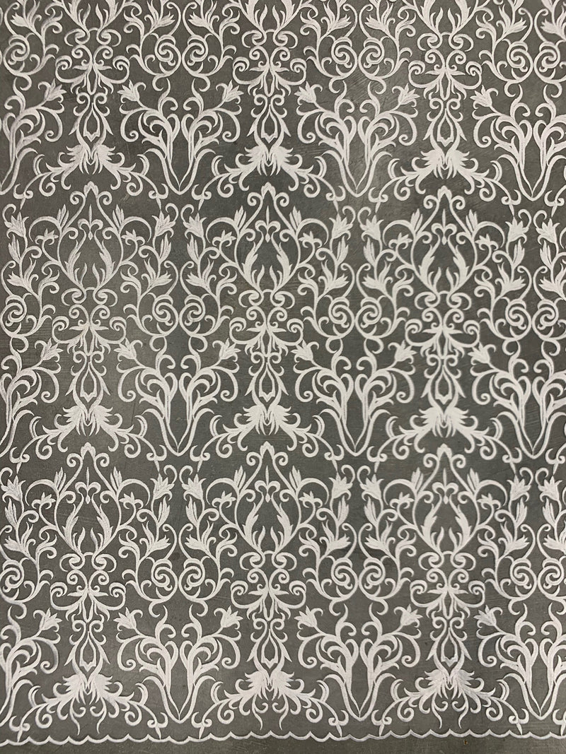 Haley WHITE Floral Swirl Embroidery on Mesh Royalty Lace Fabric by the Yard - 10060